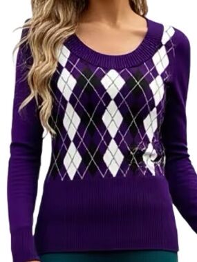 Beechers Brook Purple Preppy Argyle Scoop Neck Sweater Size Small